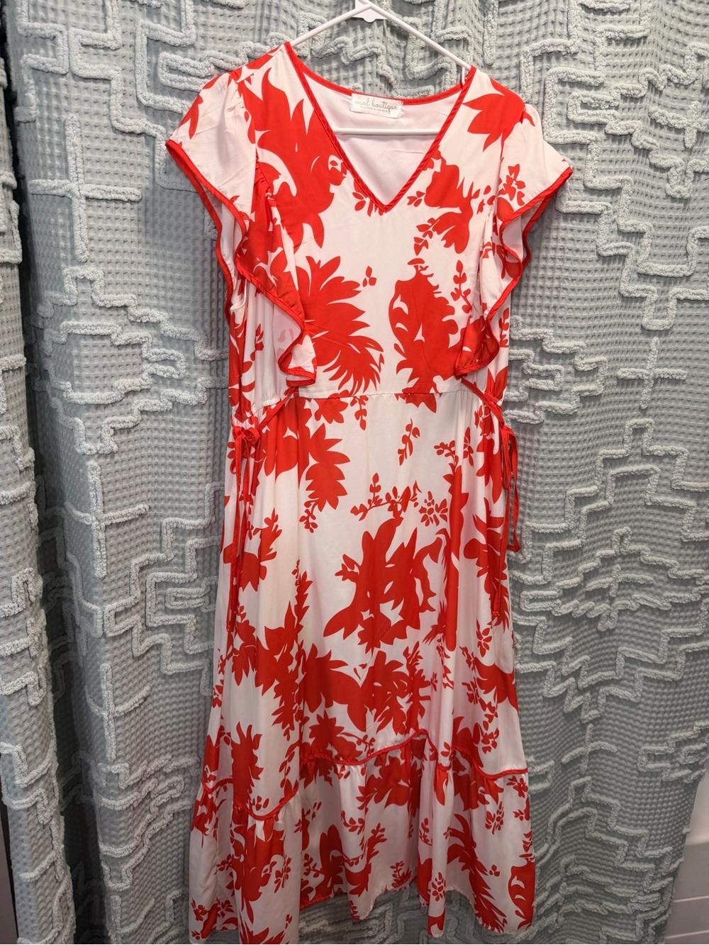 Mod Boutique V-Neck Ruffle Wrap Midi Dress in Poppy and White